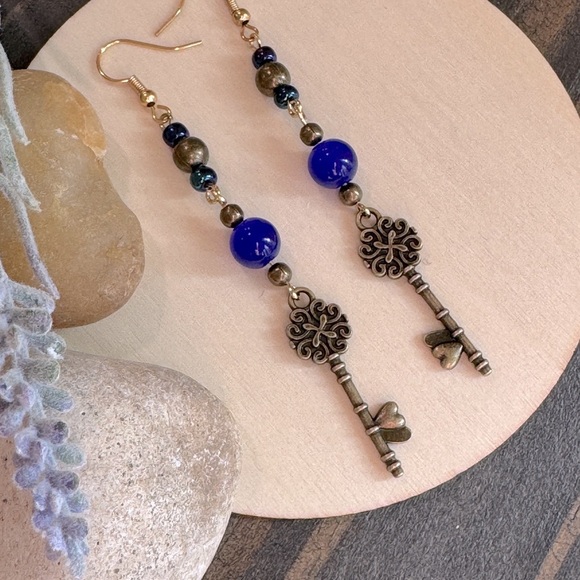 Antique Key Dangle Earrings with Blue Beads - Picture 1 of 3